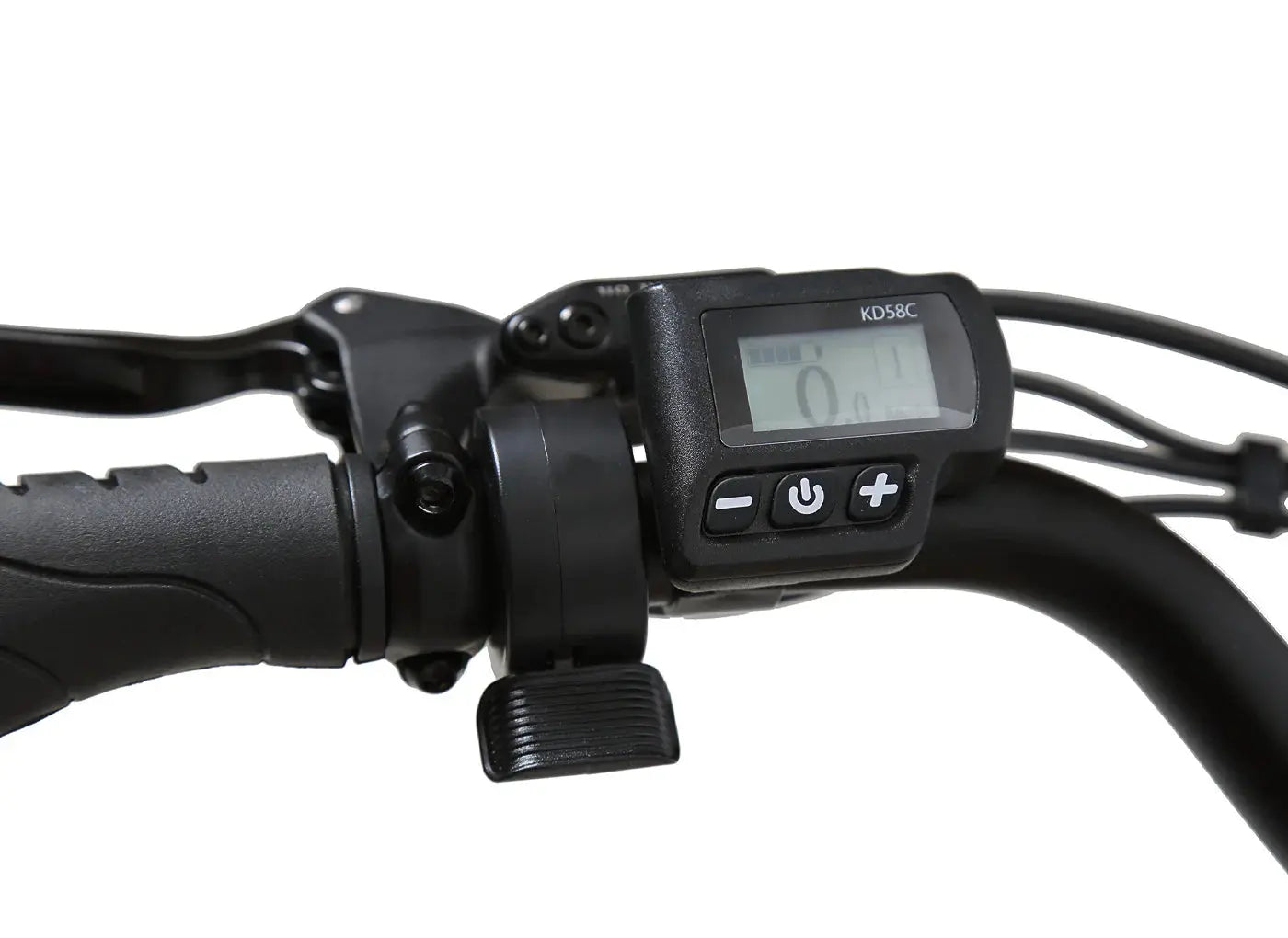 JADE Step Through Commuter Ebike Close-up of a handlebar with a digital display and control buttons on a white background. JADE Step Through Commuter Ebike