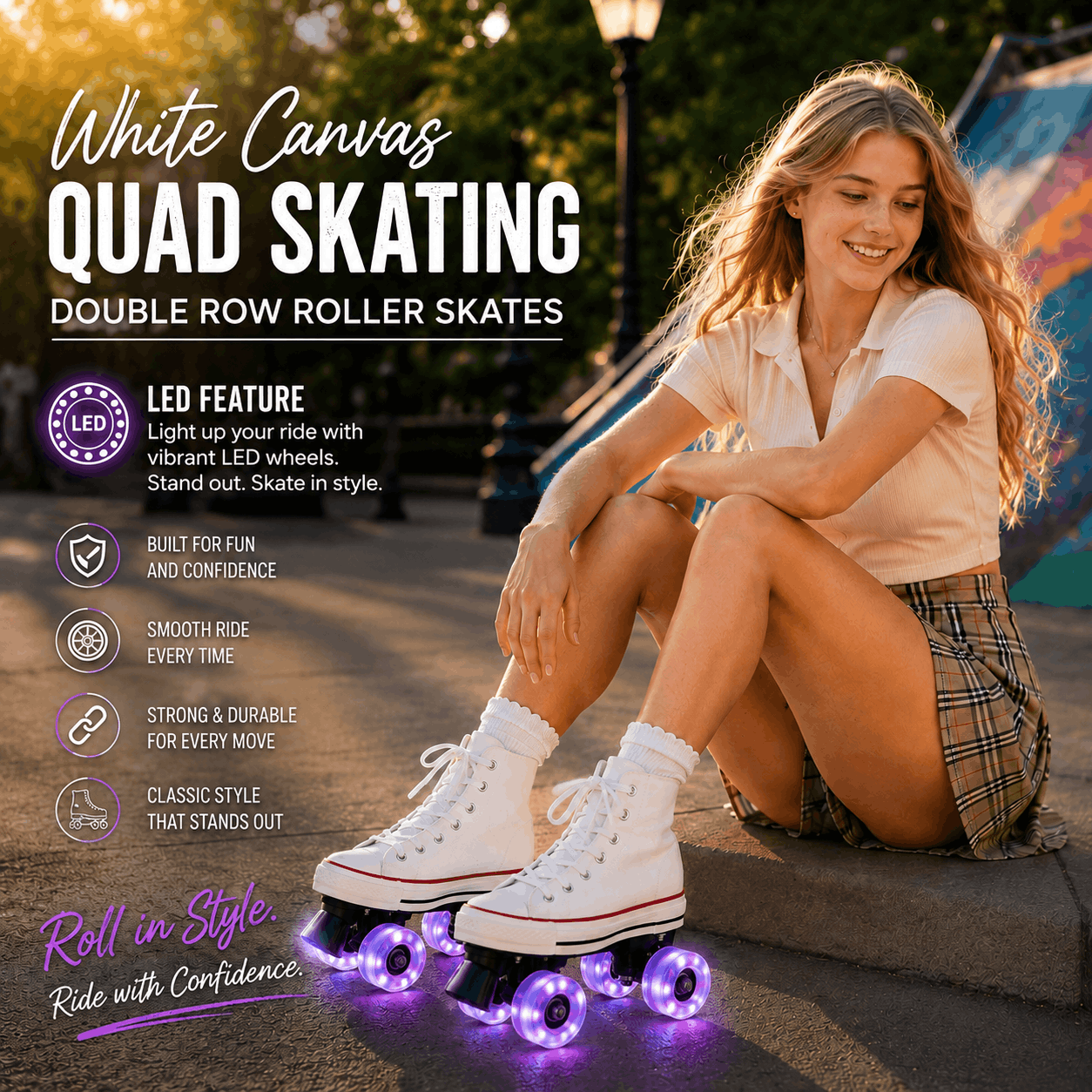 White Canvas Quad Skating Double Row Roller Skates Woman sitting on a curb wearing white roller skates with LED lights, promotional text for quad skating.