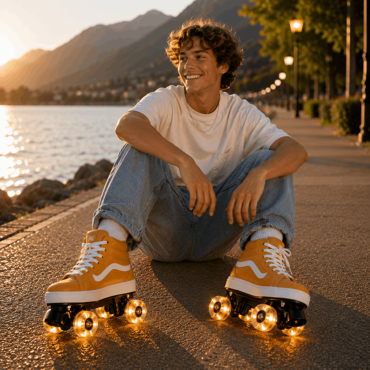 Honey Gold Quad Skating Double Row Roller Skates A smiling young man sits on a paved lakeside path at sunset wearing yellow-orange roller skate shoes with glowing wheels, light blue jeans, and a white T-shirt, with mountains and water in the background.