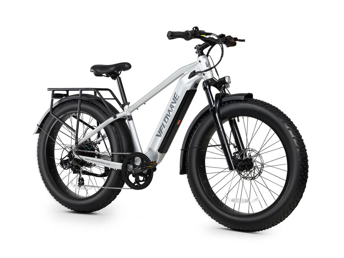 Velowave Ranger 3.0 Fat Tire All-Terrain Electric Bike White electric bike with black tires on a white background. Valowave Ranger 3.0 Fat Tire All-Terrain Electric Bike