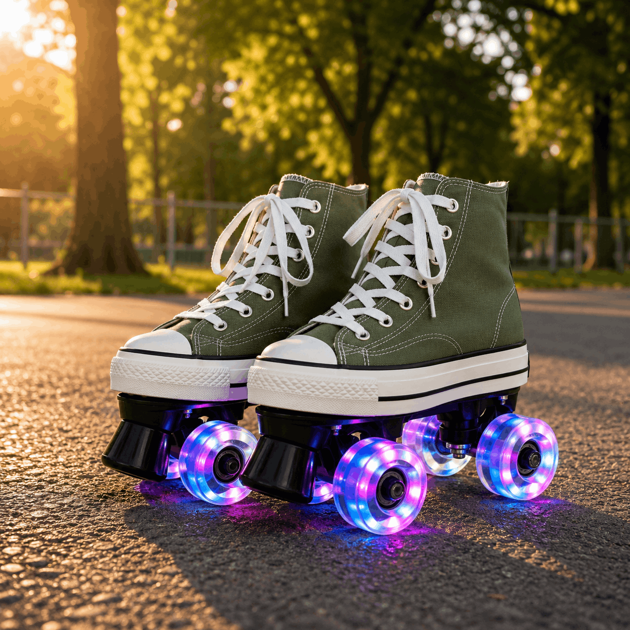 Green Canvas Quad Skating Double Row Roller Skates Green high-top roller skates with LED wheels on a paved path with trees in the background.