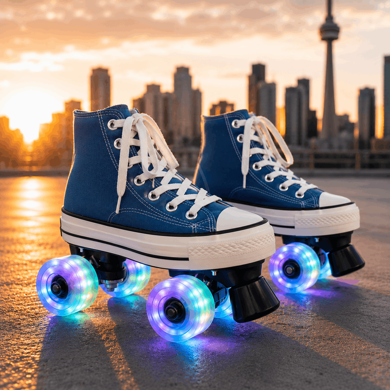 Blue Canvas Quad Skating Double Row Roller Skates Blue high-top roller skates with glowing wheels on a cityscape background