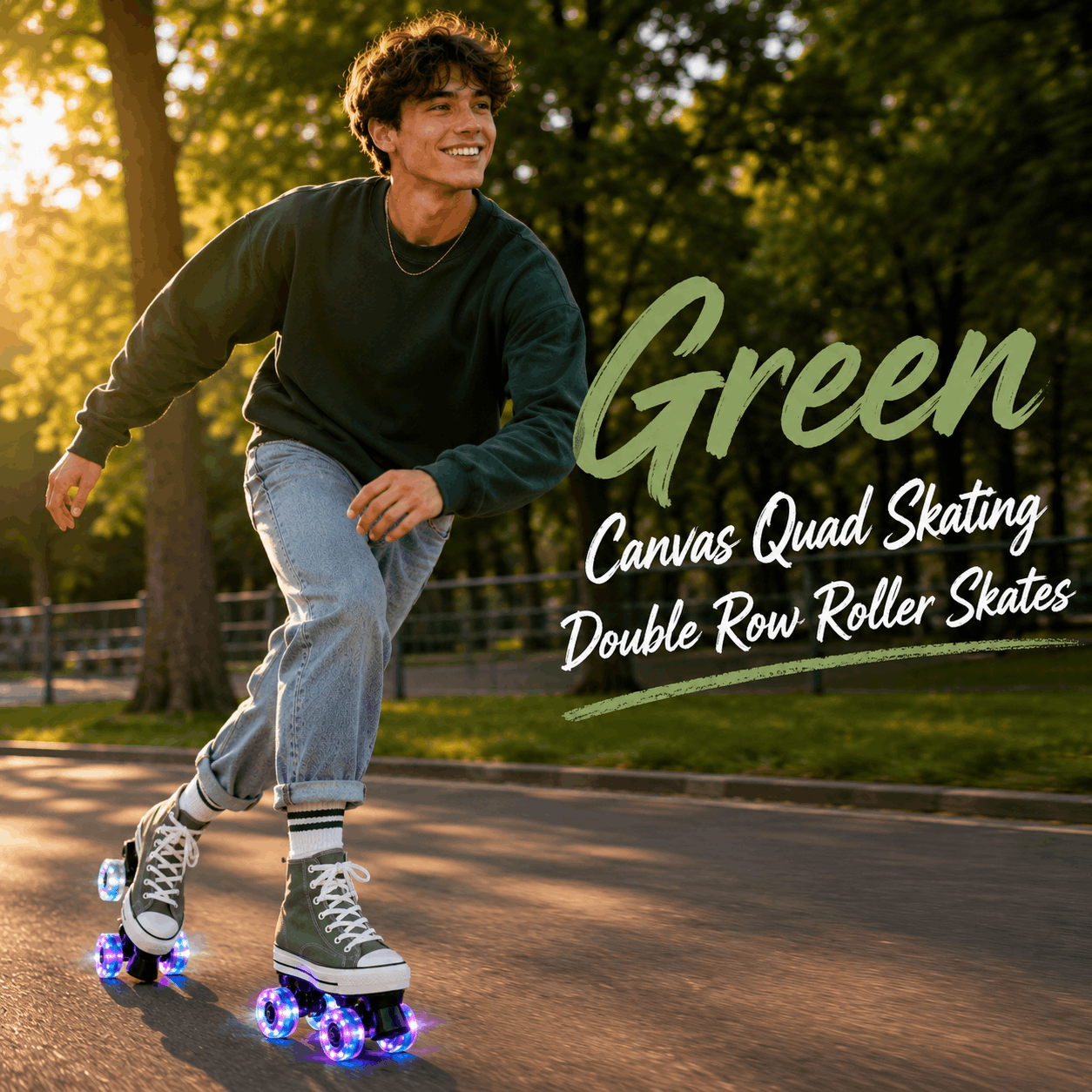 Green Canvas Quad Skating Double Row Roller Skates Person roller skating outdoors with text about green canvas quad skating roller skates.