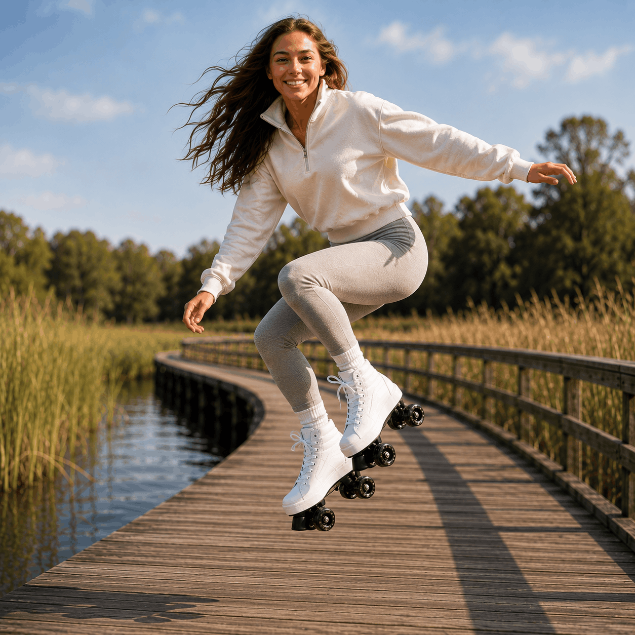 Arctic White Quad Skating Double Row Roller Skates A woman wearing a white quarter-zip pullover, light gray leggings, and white roller skates jumps a wooden boardwalk path outdoors near a lake.