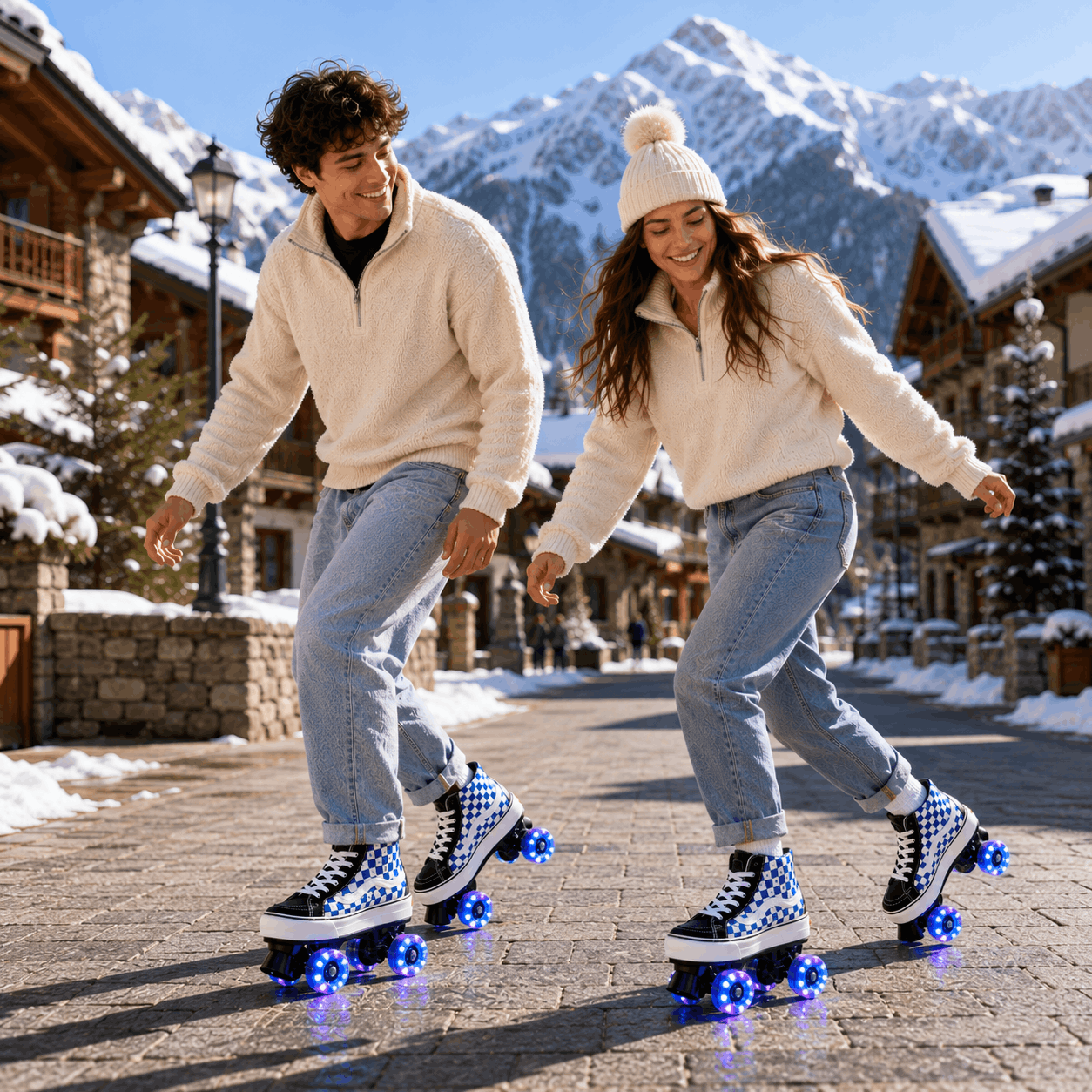 Blue Checker Quad Skating Double Row Roller Skates A man and a woman skate joyfully down a snowy village street, wearing cream quarter-zip fleece pullovers, light-wash jeans, black-and-white checkered roller skates with glowing blue wheels, and white knit beanies. Snow-covered mountains and chalets are visible in the background.