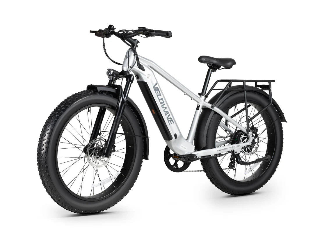 Velowave Ranger 3.0 Fat Tire All-Terrain Electric Bike White electric bike with black tires on a white background. Valowave Ranger 3.0 Fat Tire All-Terrain Electric Bike