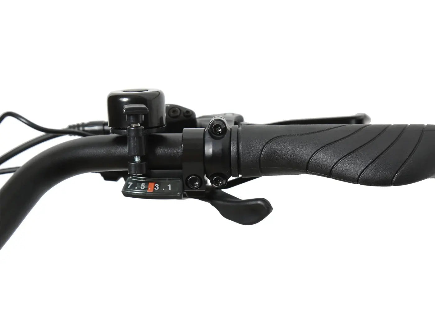 JADE Step Through Commuter Ebike Close-up of a bicycle handlebar with control levers and brake lever on a white background. JADE Step Through Commuter Ebike