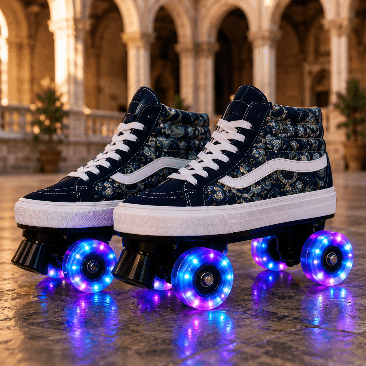 Midnight Paisley Quad Skating Double Row Roller Skates A pair of high-top roller skates with a navy blue and gray floral pattern, white laces, white side stripes, and glowing blue and purple LED wheels, set against a blurred classical stone colonnade background.