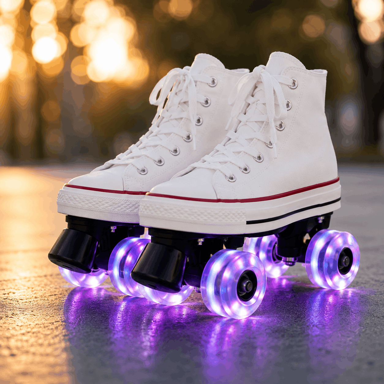 White Canvas Quad Skating Double Row Roller Skates White high-top roller skates with purple LED wheels on a reflective surface.