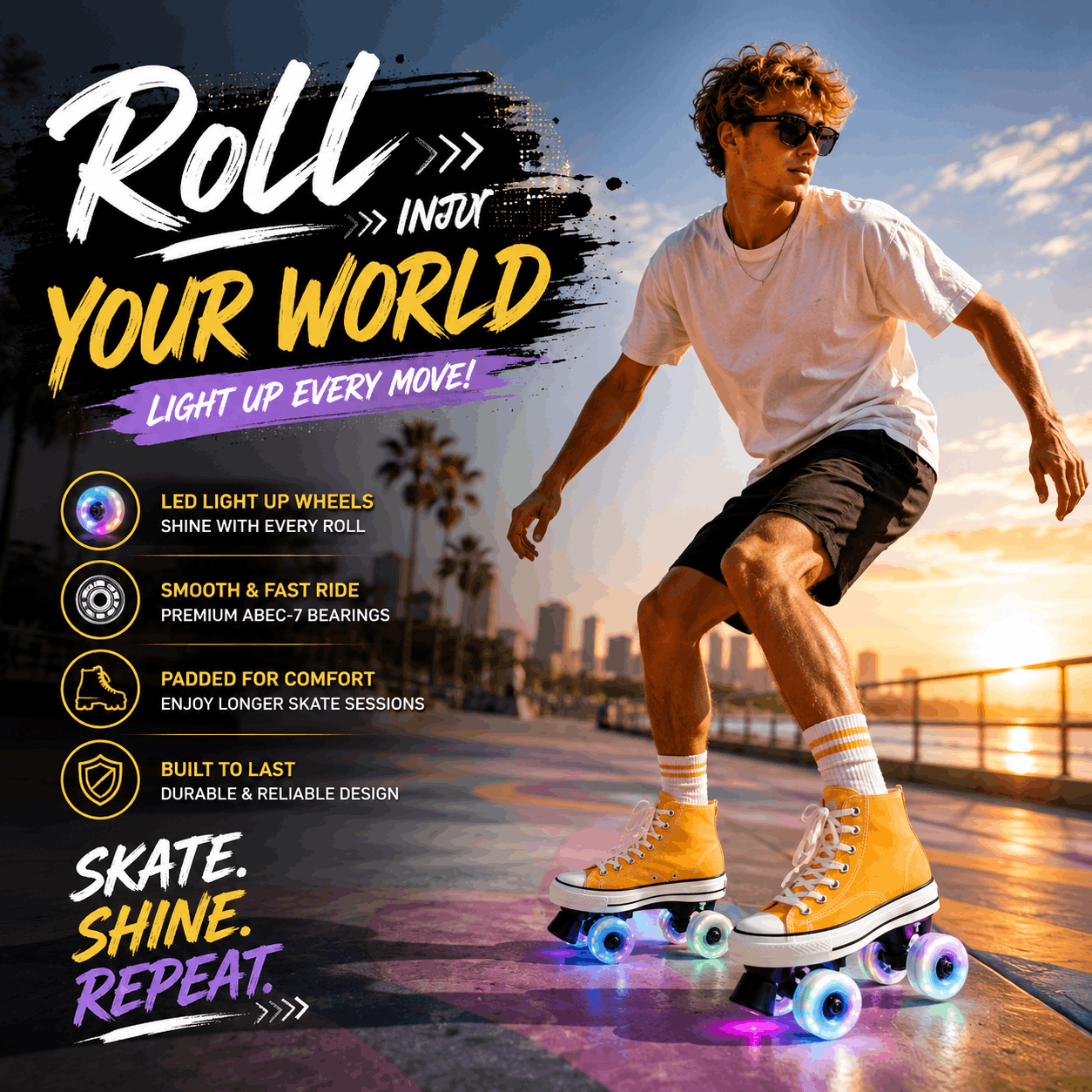 Yellow Canvas Quad Skating Double Row Roller Skates Person rollerblading with promotional text about rollerblades on a cityscape background