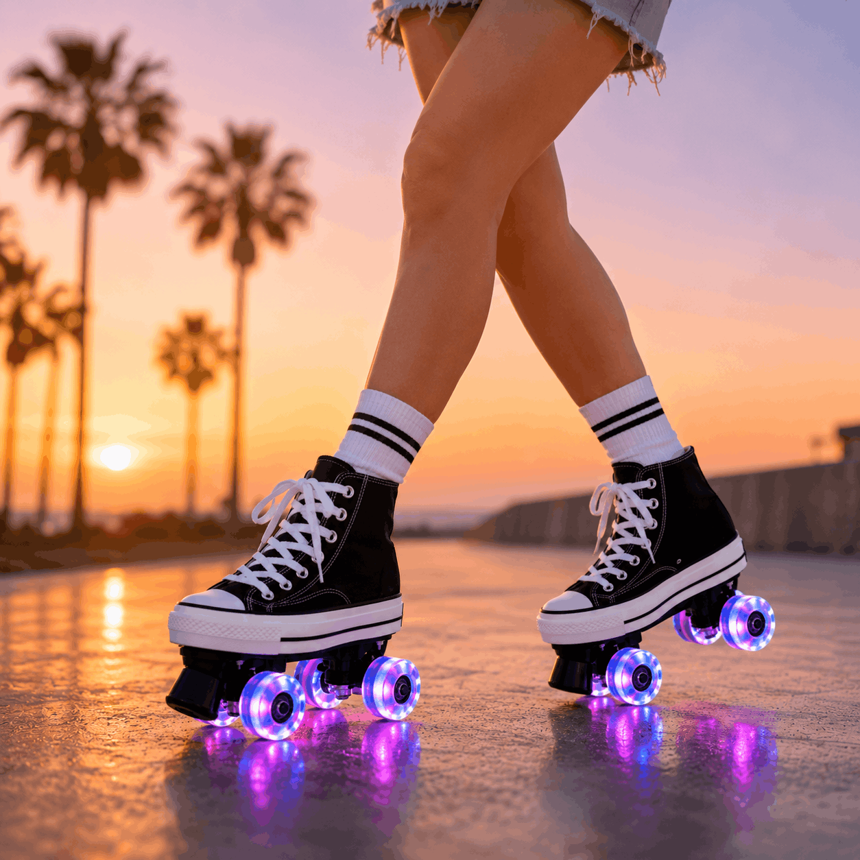 Black Canvas Quad Skating Double Row Roller Skates Person wearing roller skates with glowing wheels on a beach at sunset.