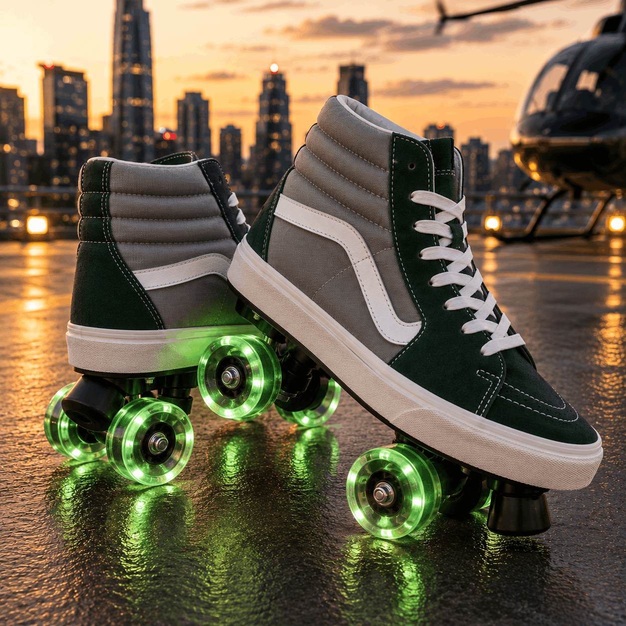 Moss Stone Quad Skating Double Row Roller Skates A pair of high-top roller skates styled like Vans sneakers, featuring dark green and gray panels, white laces, and glowing green LED wheels, set against a city skyline at sunset with a helicopter in the background.