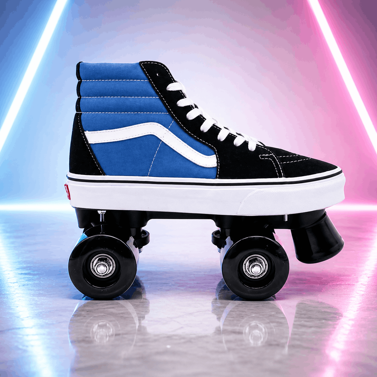 Quad Skating Double Row Roller Skates Blue, black, and white roller skates with neon lights on a reflective surface