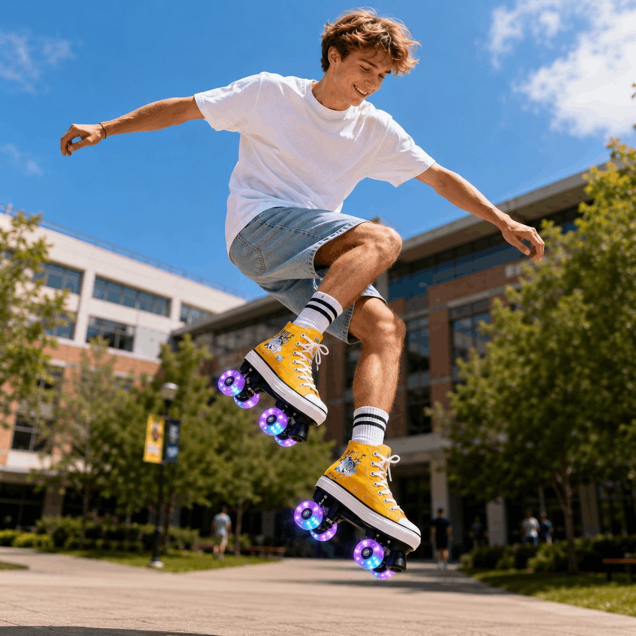 Retro Cartoon Yellow Quad Skating Double Row Roller Skates A young man in a white t-shirt and denim shorts jumps on yellow high-top roller skates with glowing purple wheels outdoors on a sunny day, with a modern campus building and trees in the background.