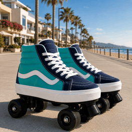 A pair of high-top roller skates styled like classic skate shoes, featuring teal green, navy blue, and white panels with black wheels, set on a sunny beach boardwalk with palm trees and ocean in the background.