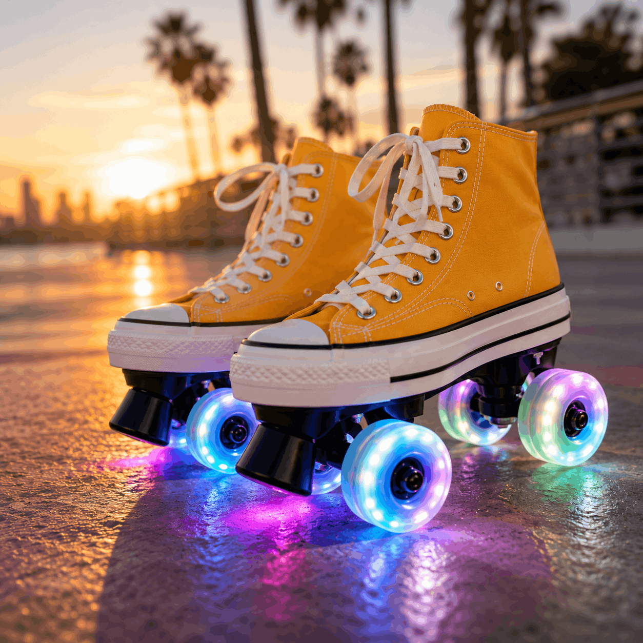 Yellow Canvas Quad Skating Double Row Roller Skates Yellow high-top roller skates with LED wheels on a reflective surface at sunset.