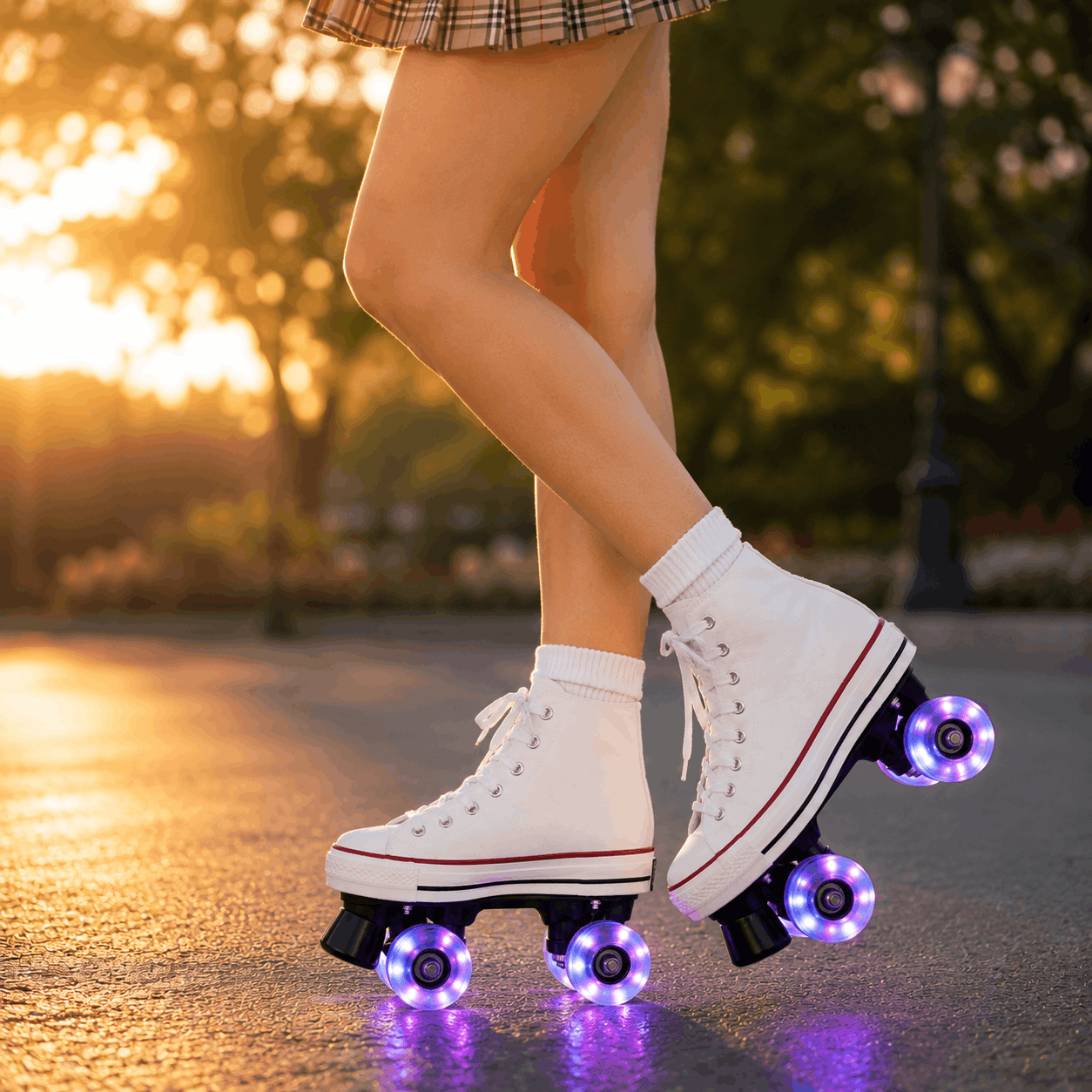 White Canvas Quad Skating Double Row Roller Skates Person wearing white roller skates with purple lights on a blurred outdoor background