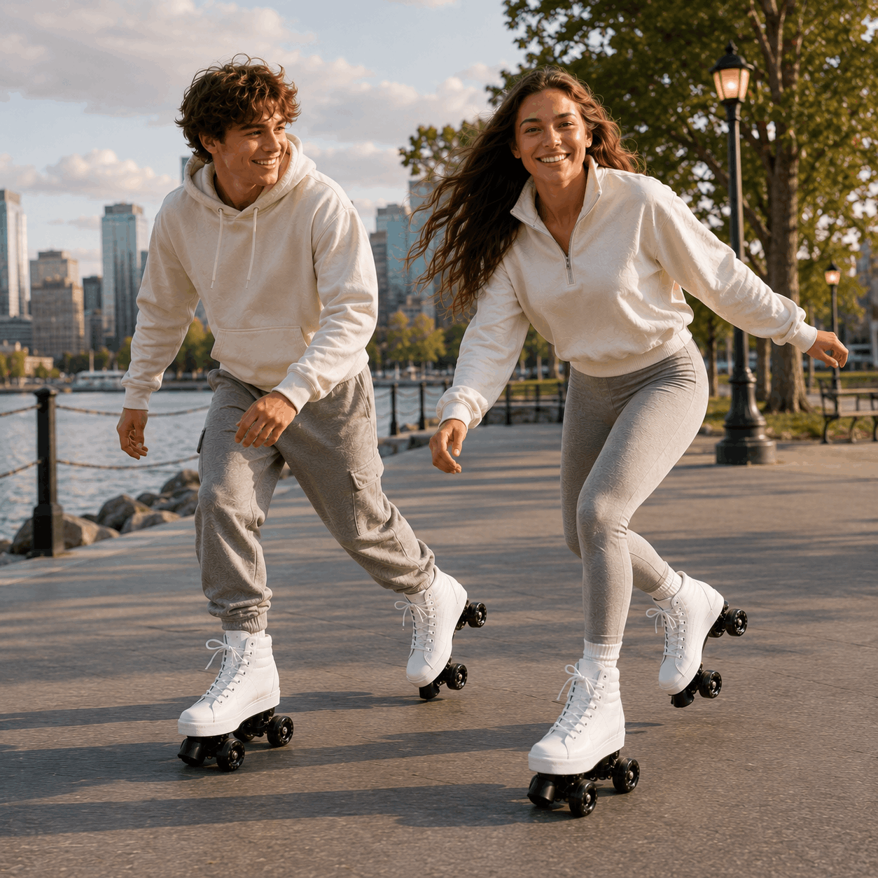 Arctic White Quad Skating Double Row Roller Skates Two people roller skating outdoors on a paved waterfront path, with trees, a lamp post, water, and a city skyline in the background. Both are wearing white hoodies and light gray fitted pants or leggings with white roller skates.