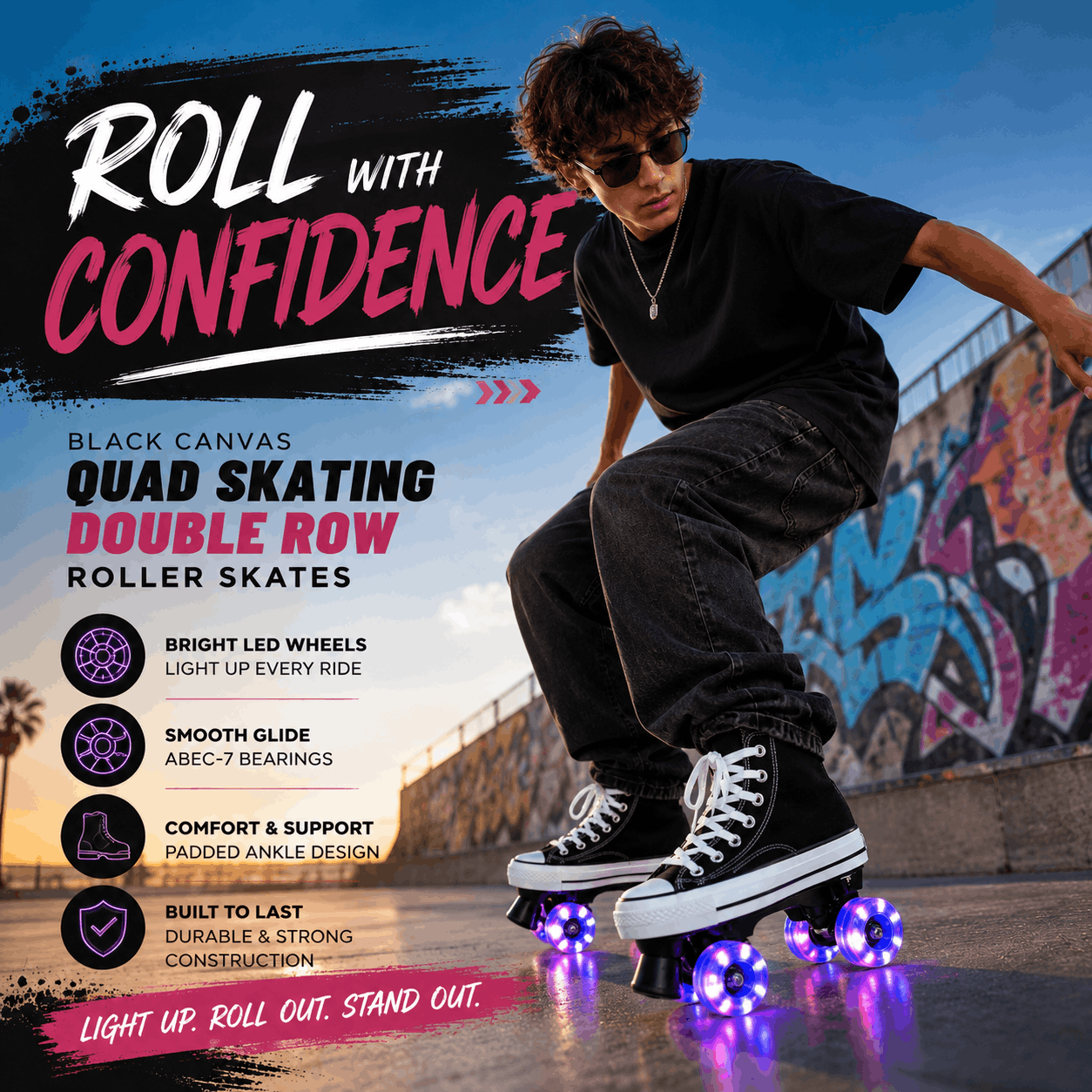 Black Canvas Quad Skating Double Row Roller Skates Person roller skating with promotional text and graphics for roller skates.