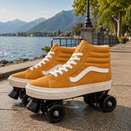 A pair of yellow high-top roller skate shoes with white side stripes and white laces, resting on a paved walkway outdoors with water, mountains, and trees in the background.