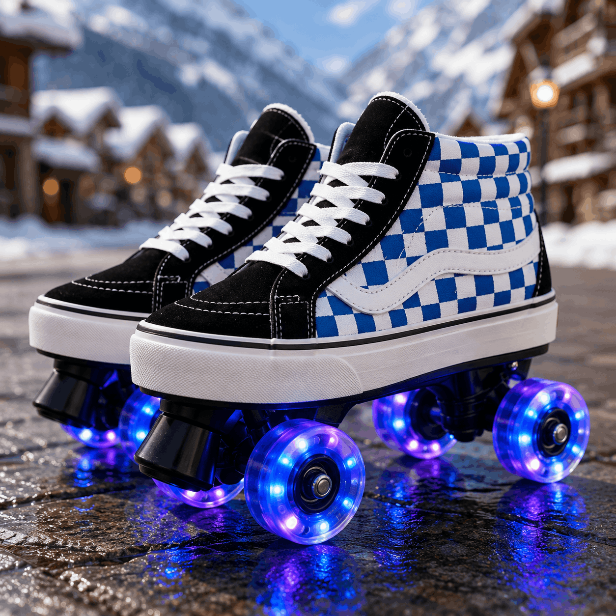 Blue Checker Quad Skating Double Row Roller Skates A pair of high-top roller skates styled like classic Vans sneakers, featuring a black and blue checkerboard pattern on the side, white laces, and glowing blue LED wheels, set against a snowy mountain village background.