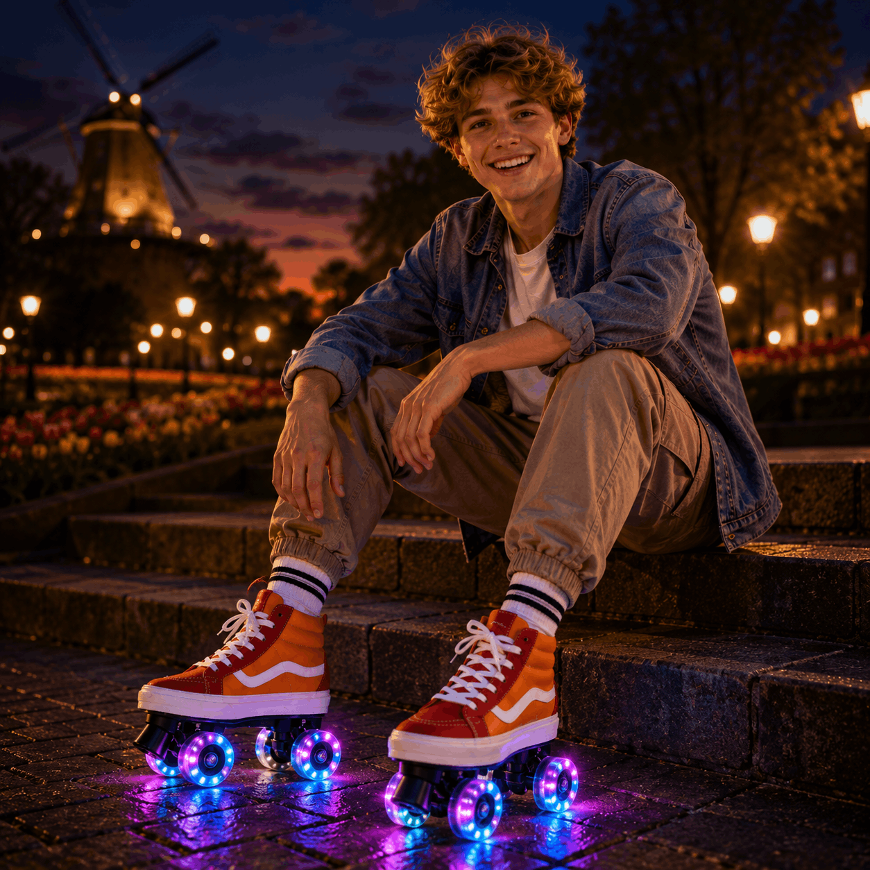 Sunset Glide Quad Skating Double Row Roller Skates A smiling young man sits on stone steps at dusk wearing orange and white roller skate shoes with glowing multicolor wheels, a blue denim shirt, and tan pants. A windmill and warm street lights are visible in the background.