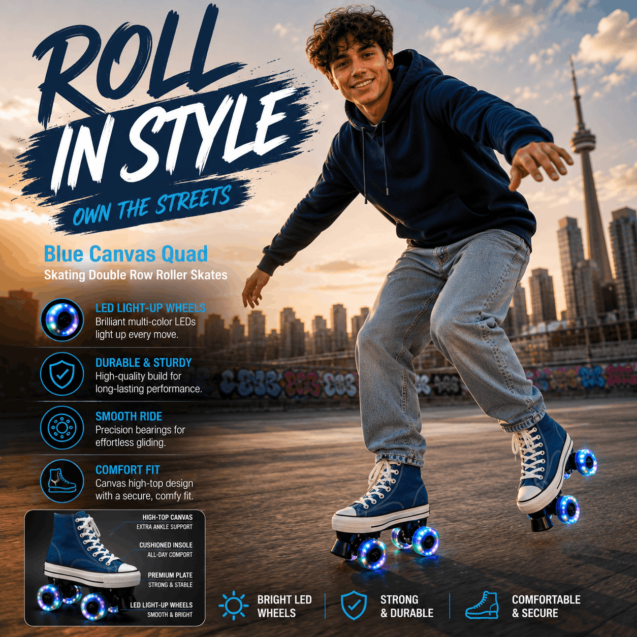 Blue Canvas Quad Skating Double Row Roller Skates Person roller skating with text 'Roll in Style' and product features on a city skyline background