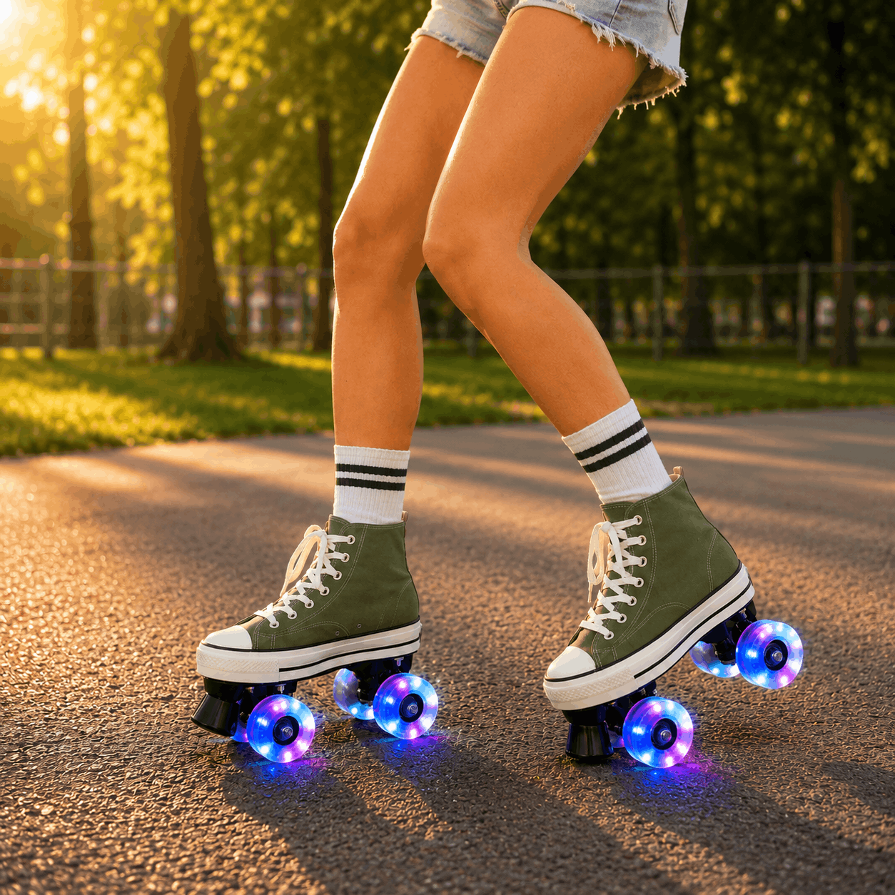 Green Canvas Quad Skating Double Row Roller Skates Person wearing green roller skates with glowing wheels on a paved path in a park.