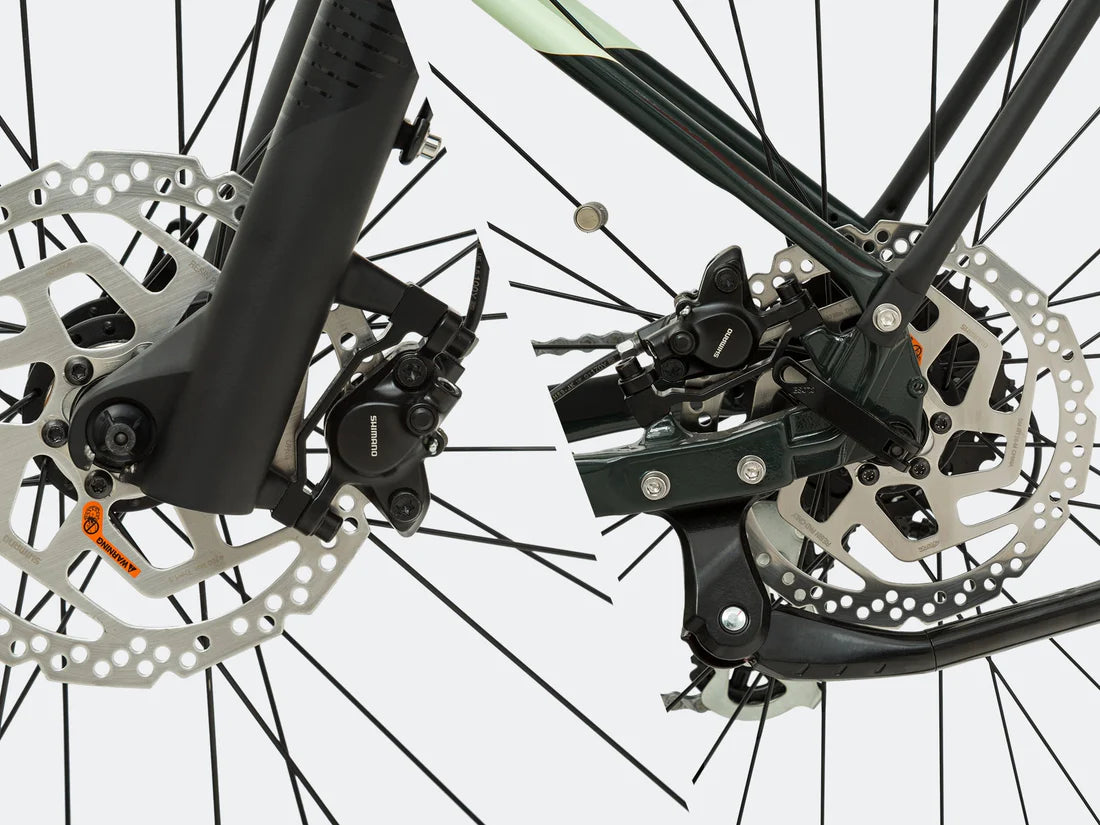 Velowave Swift M Mid-Drive Electric Bike Close-up of bicycle disc brakes on a white background. Valowave Swift M Mid-Drive Electric Bike