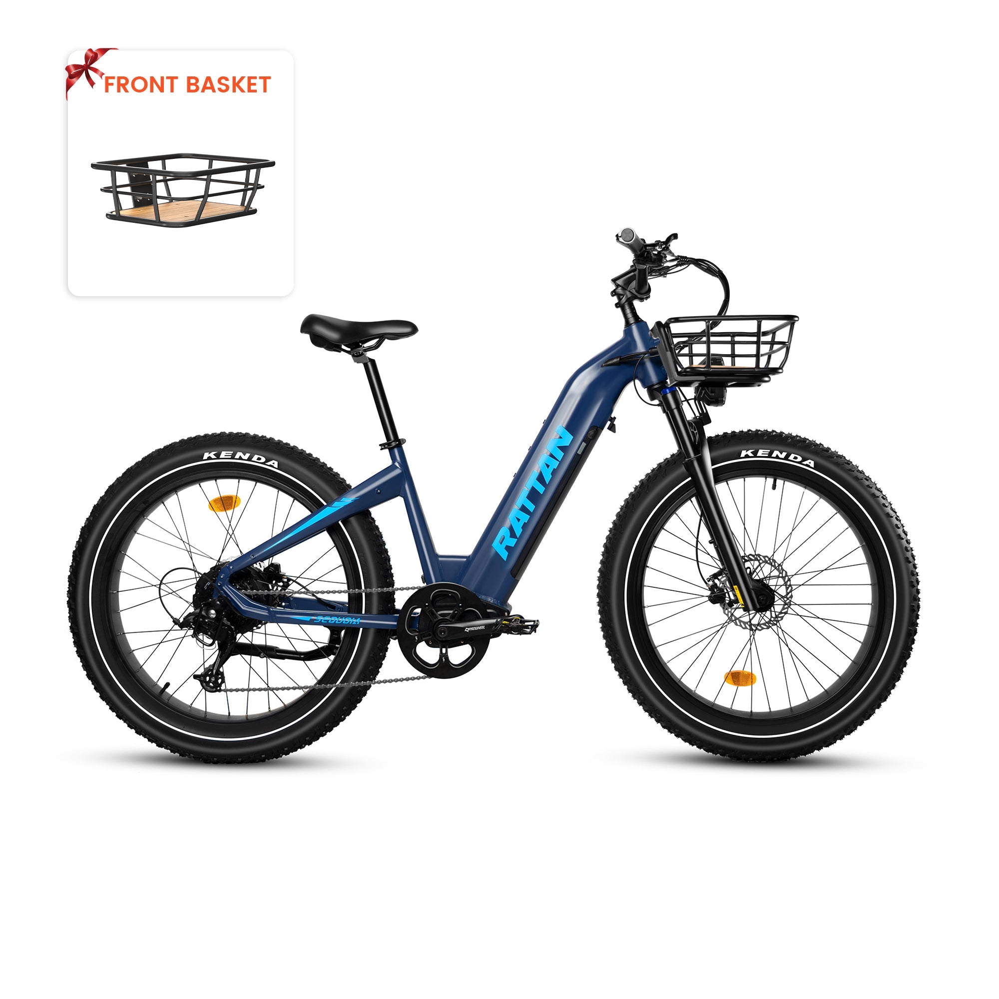 Rattan Sequoia Fat tire eBike Blue electric bike with front basket on a white background. Rattan Sequoia Fat tire eBike