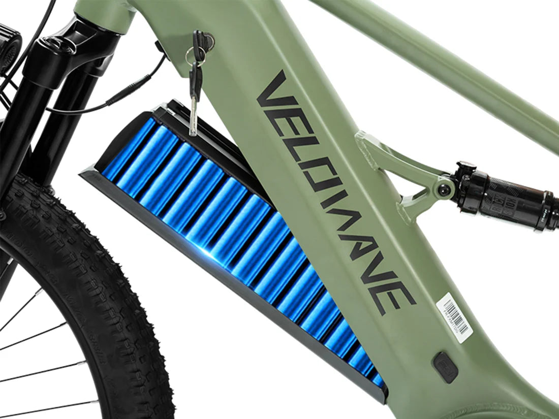 Velowave Forest XM MTB Bicycle with a blue battery pack labeled 'Velowave' on a white background. Valowave Forest XM MTB