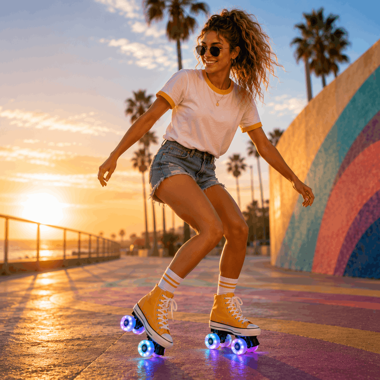 Yellow Canvas Quad Skating Double Row Roller Skates Woman roller skating on a colorful pathway with palm trees and sunset in the background