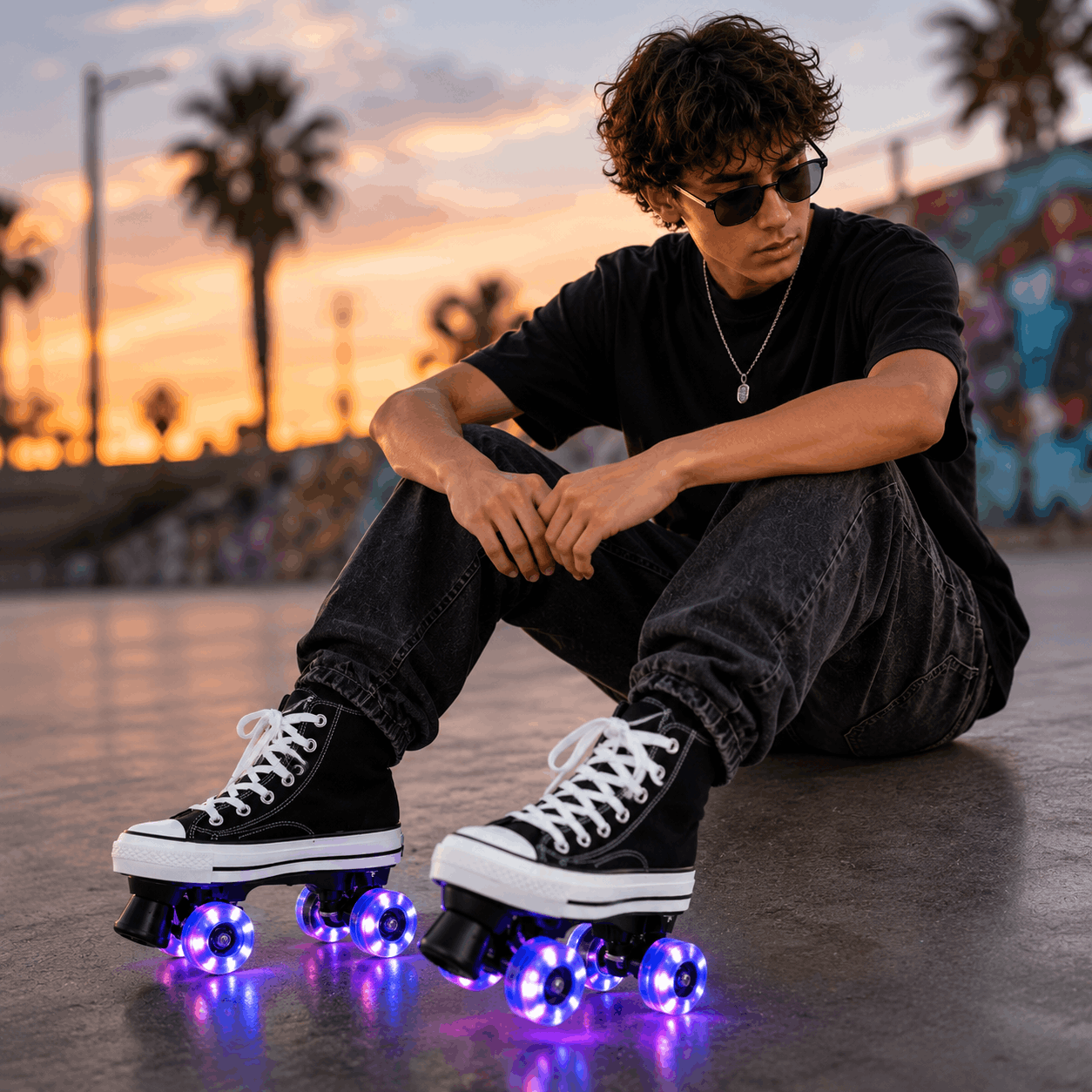 Black Canvas Quad Skating Double Row Roller Skates Person sitting on a concrete surface wearing black high-top shoes with glowing wheels, against a sunset backdrop.