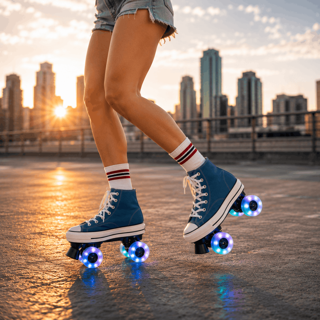 Blue Canvas Quad Skating Double Row Roller Skates Person rollerblading with glowing wheels on a city skyline background