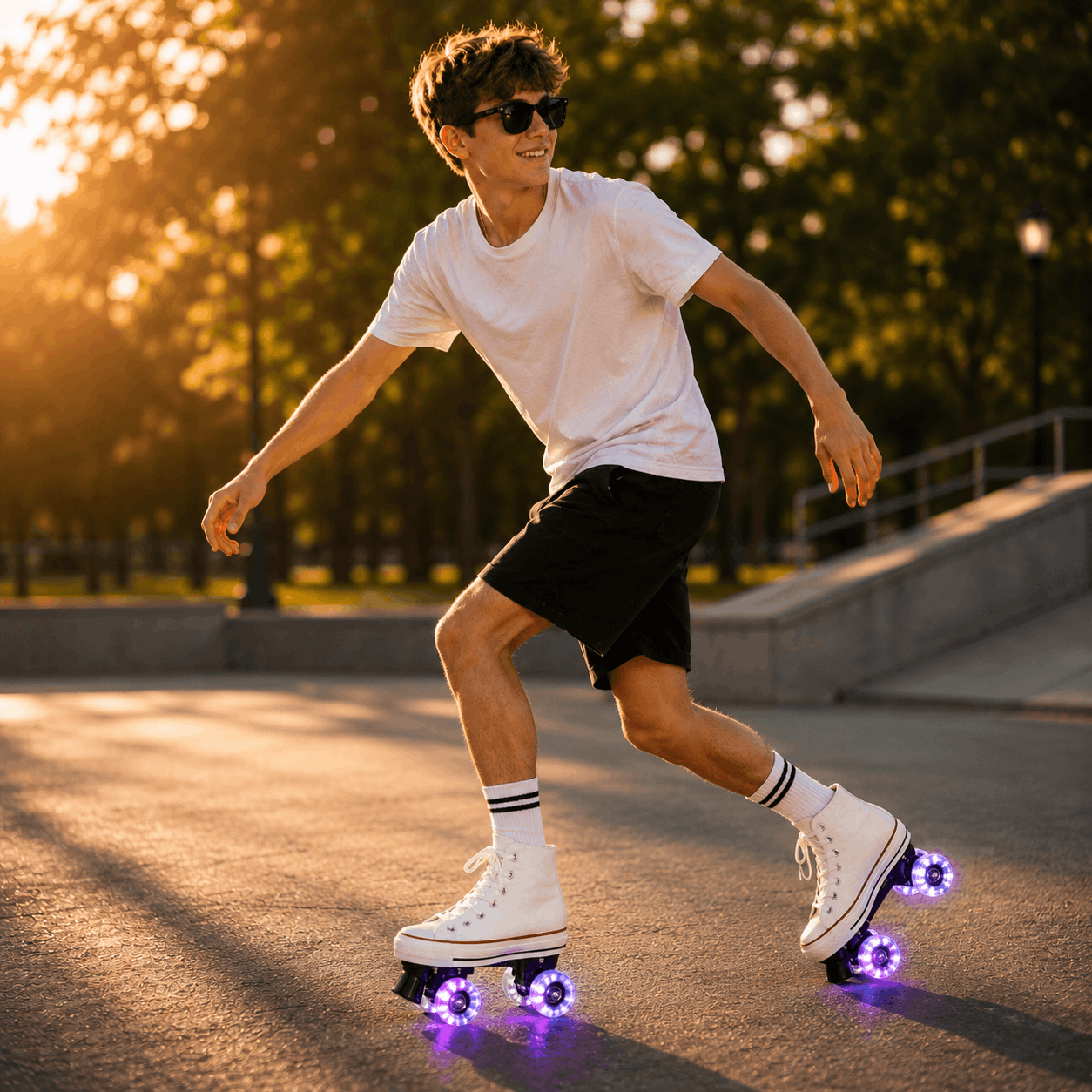 White Canvas Quad Skating Double Row Roller Skates Person rollerblading on a sunny day with trees in the background