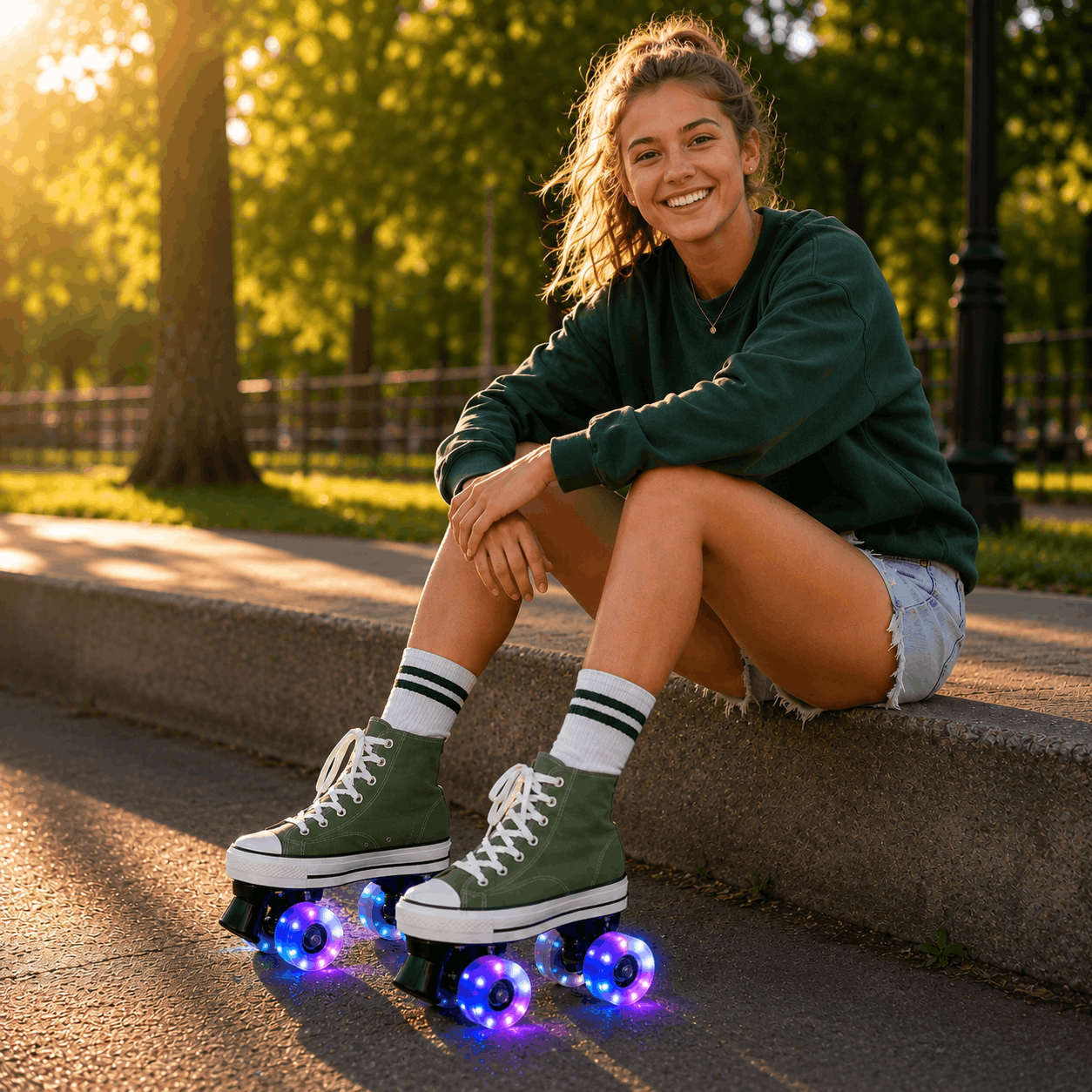 Green Canvas Quad Skating Double Row Roller Skates Person sitting on a park bench wearing green roller shoes with glowing wheels, surrounded by trees and sunlight.