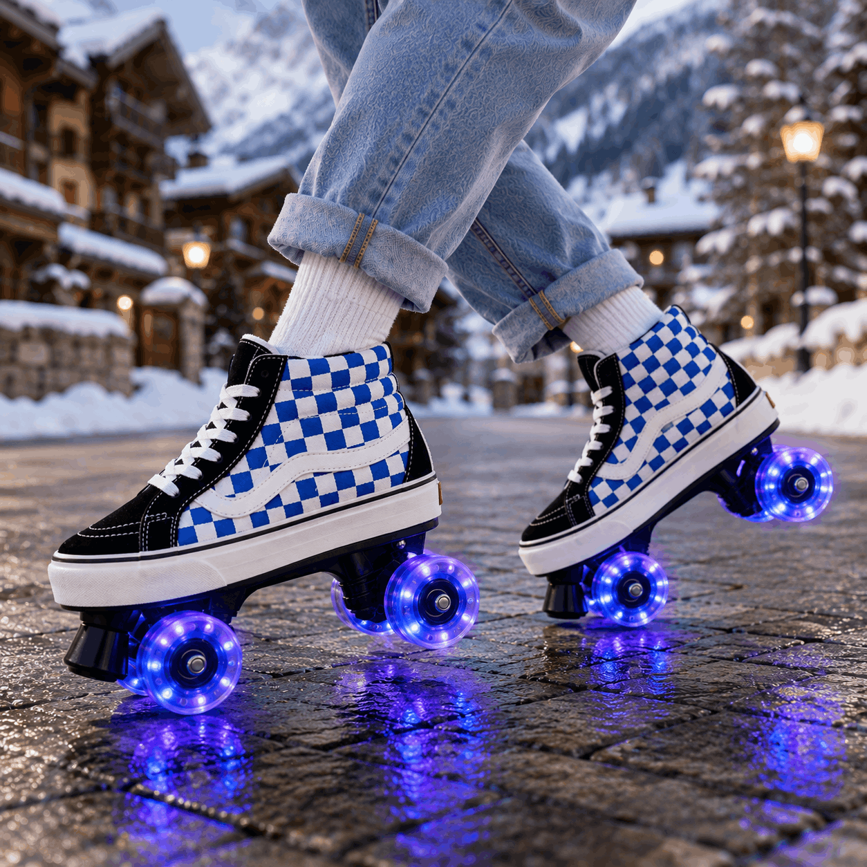 Blue Checker Quad Skating Double Row Roller Skates A person wearing blue and white checkered roller skate shoes with glowing blue LED wheels, shown outdoors on a snowy street with mountains and chalets in the background.