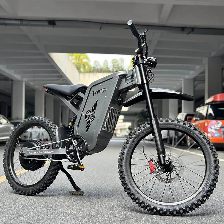 Freego X2 Pro All-Terrain Dirt eBike Electric bike with knobby tires in an urban setting. Freego X2 Pro All-Terrain Dirt eBike