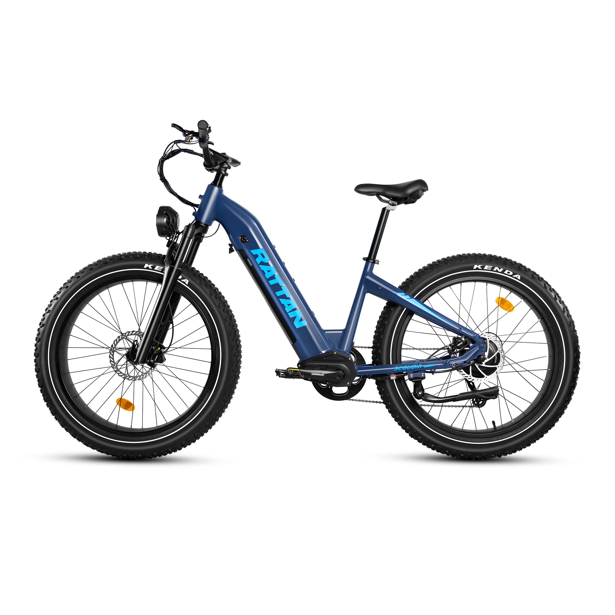 Rattan Sequoia Fat tire eBike Blue electric bike with brand logo on a white background. Rattan Sequoia Fat tire eBike