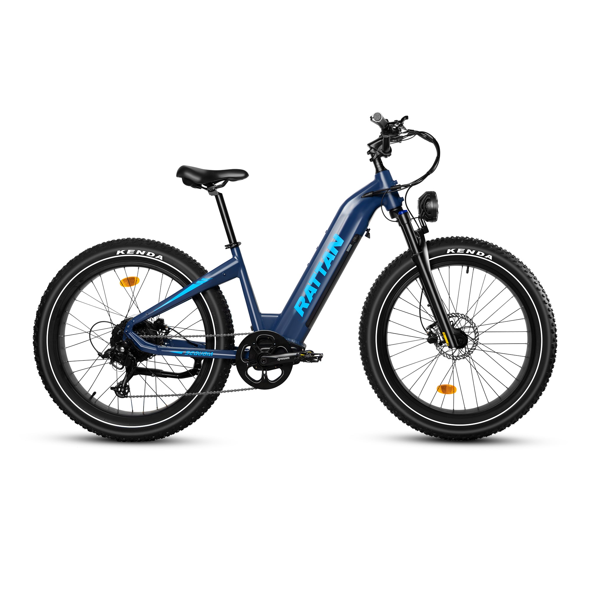 Rattan Sequoia Fat tire eBike Blue electric bicycle with Kenda tires on a white background. Rattan Sequoia Fat tire eBike