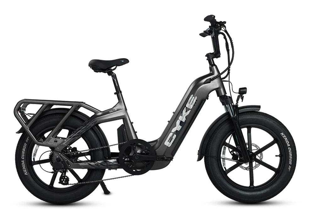 CYKE COLLIE Cargo EBike Gray electric bike with 'Cyke' branding on a white background.CYKE COLLIE Cargo EBike