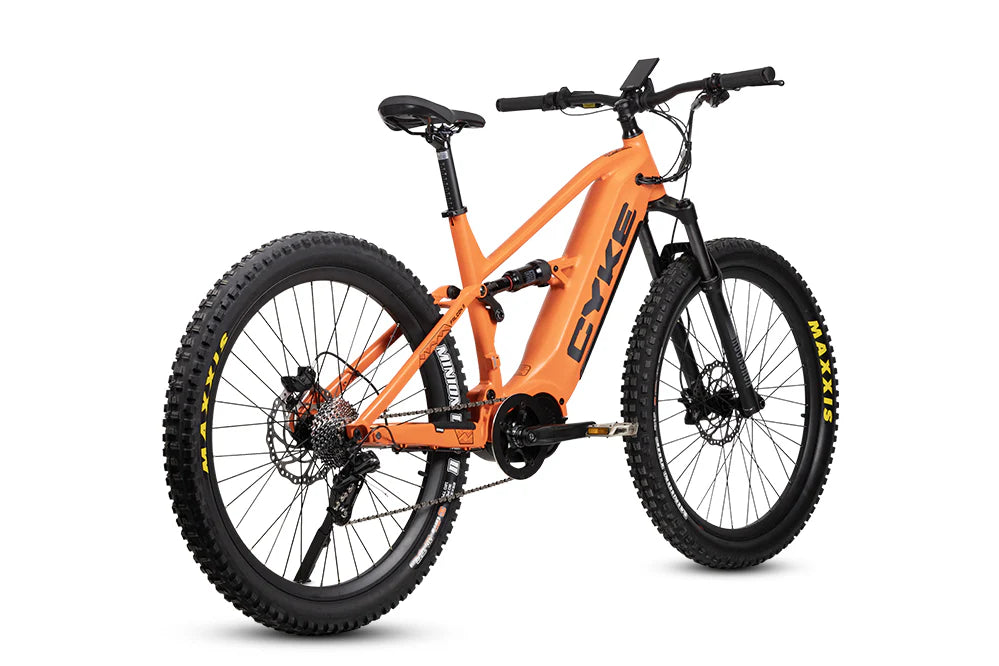 CYKE Falcon S Full Suspension Ebike Orange electric bike with black components on a white background. CYKE Falcon S Full Suspension Ebike