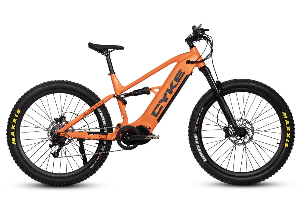 CYKE Falcon S Full Suspension Ebike Orange electric bike with 'CYKE' branding on a white background. CYKE Falcon S Full Suspension Ebike