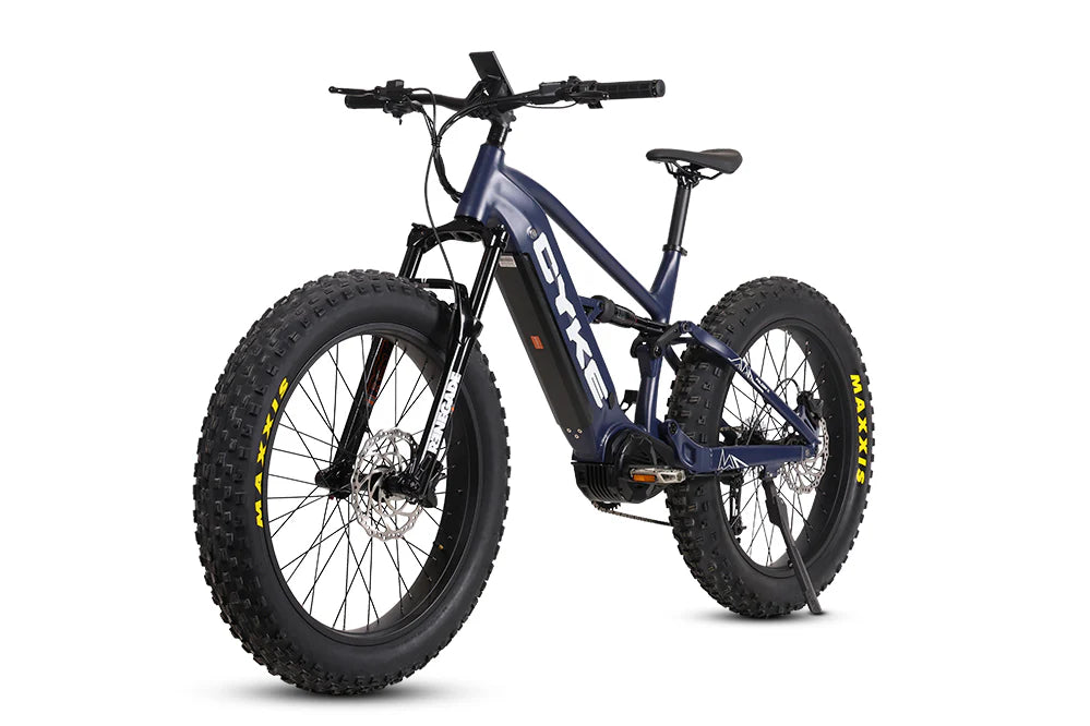 CYKE Falcon X Full Suspension EBike Blue electric bike with large wheels on a white background. CYKE Falcon X Full Suspension EBike