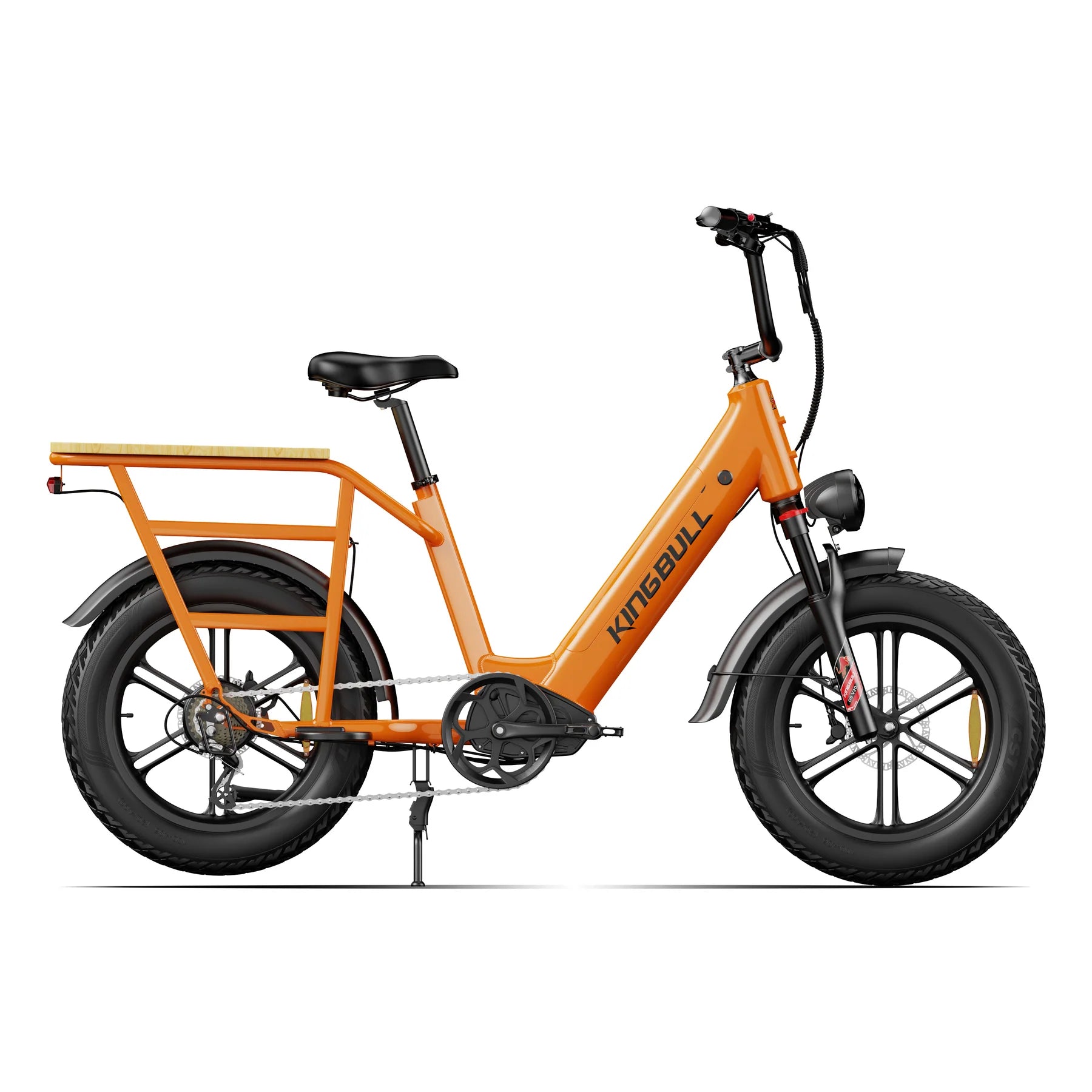 Kingbull Voyager 2.0 Fat Tire Electric Cargo Bike Orange electric bike with 'KINGBULL' branding on a white background. Kingbull Voyager 2.0 Fat Tire Electric Cargo Bike