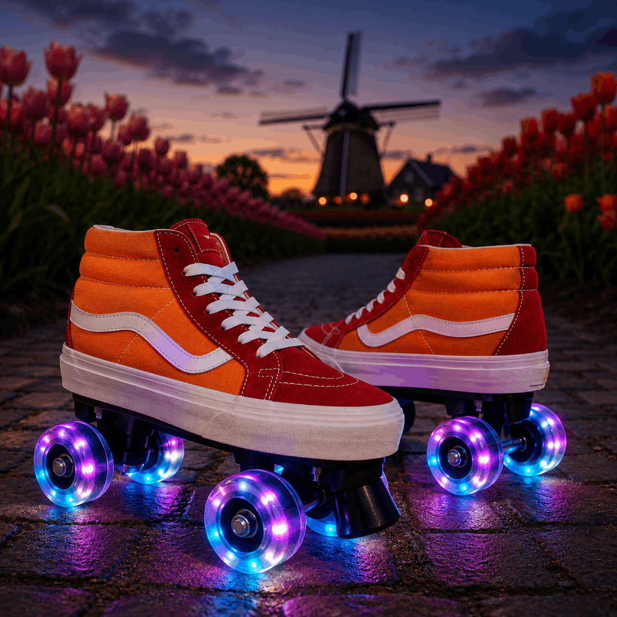 Sunset Glide Quad Skating Double Row Roller Skates A pair of orange and red high-top roller skates with white side stripes and glowing multicolor LED wheels, set on a cobblestone path with a windmill and tulip fields in the background.