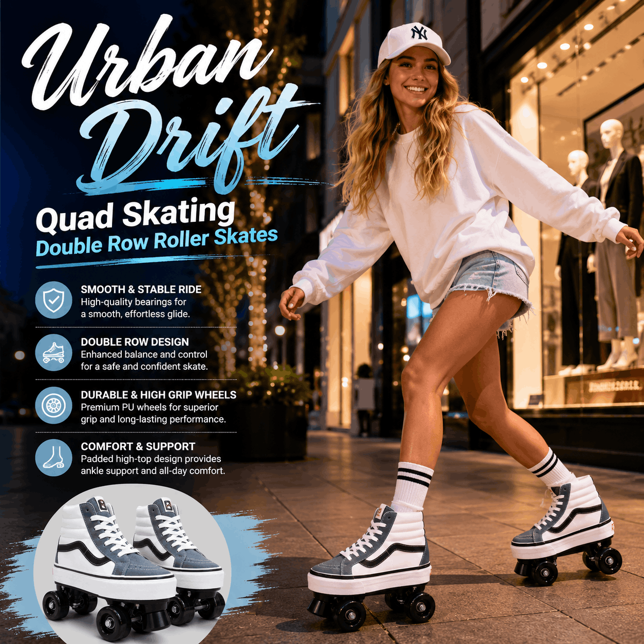 Urban Drift Quad Skating Double Row Roller Skates A woman wearing a gray and white quad roller skate with black wheels and striped socks is shown outdoors on a city street, balancing while wearing a white sweatshirt and denim shorts. The image includes promotional text reading 'Urban Drift Quad Skating Double Row Roller Skates' and a circular inset showing the skate from the front.