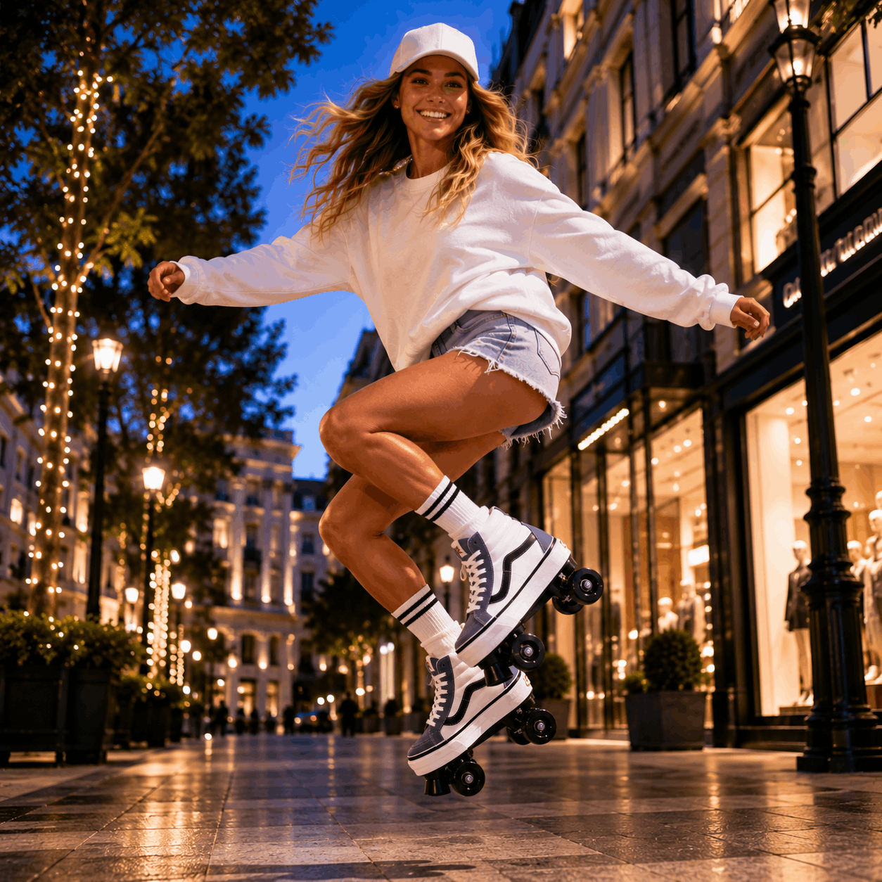 Urban Drift Quad Skating Double Row Roller Skates A woman wearing a white sweatshirt, denim shorts, a white cap, and white platform roller skates jumps a street roller skate down a city street at night.