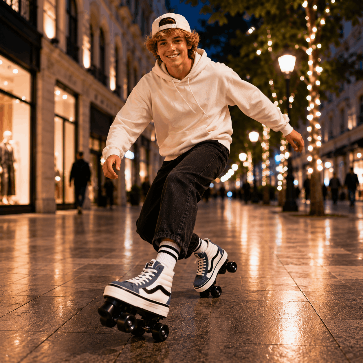 Urban Drift Quad Skating Double Row Roller Skates A smiling young man in a white hoodie, black jeans, a white cap, and blue-and-white high-top roller skate shoes glides on a city street at night with warm string lights and storefronts in the background.