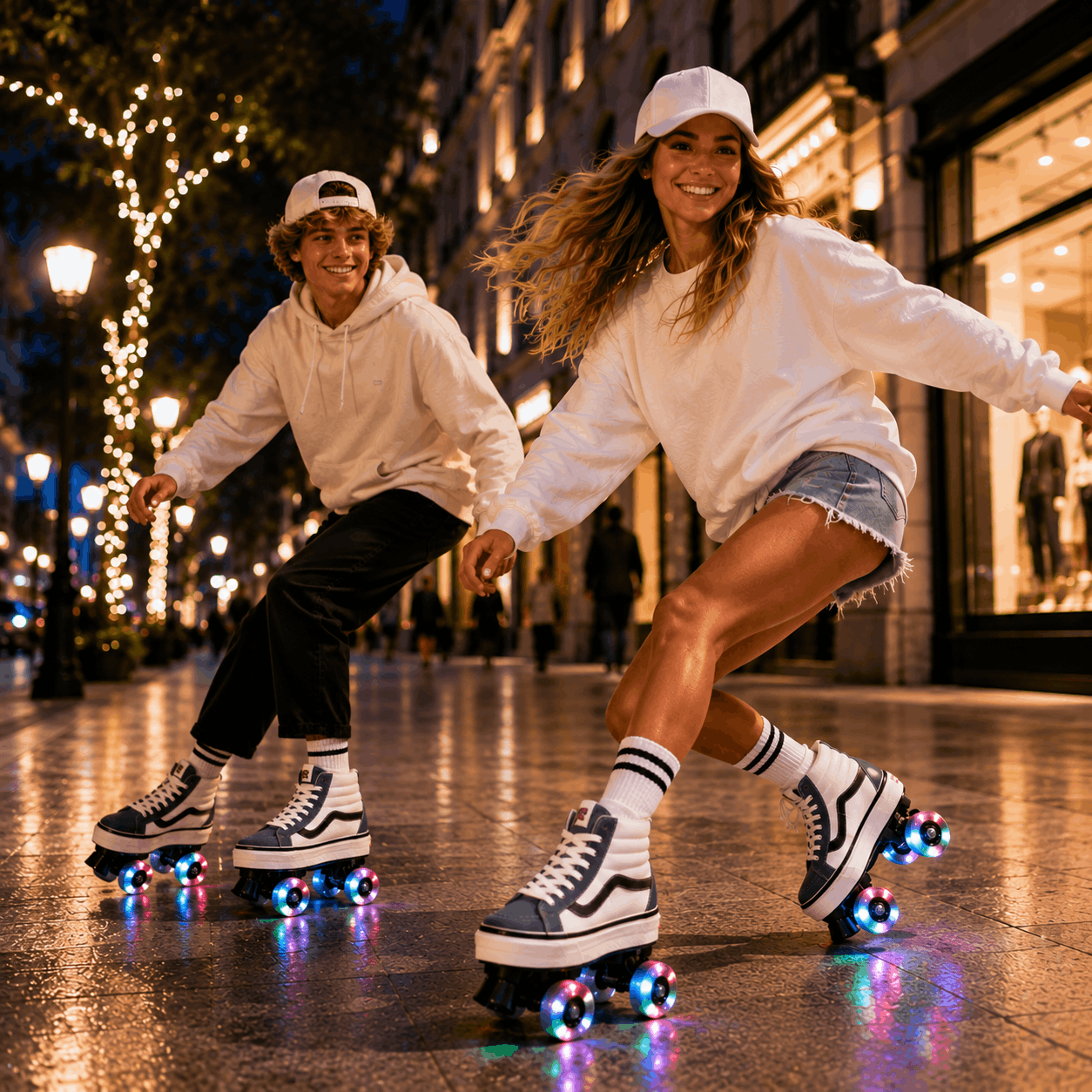 Urban Drift Quad Skating Double Row Roller Skates Two people roller-skating on a wet city street at night, wearing white hoodies, white caps, denim shorts, and white high-top roller skates with glowing multicolor wheels.